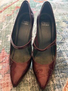 Stuart Weitzman Burgundy Patent Mary Jane Pointed-Toe Pumps